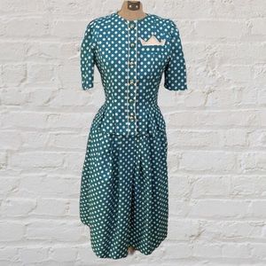 VINTAGE Turquoise Blue White Polkadot A-line Skirt Peplum Top Blouse Pleats